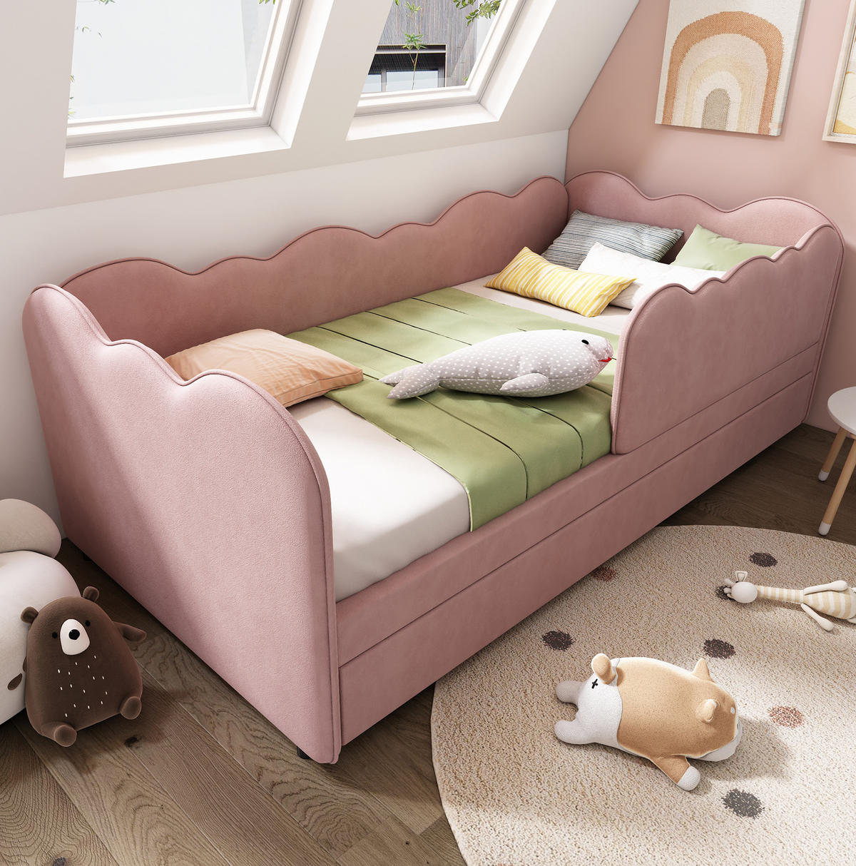 ČALÚNENÁ posteľ 90/190 cm ružová zo zamatu s výsuvným lôžkom - ružová, textil (90/190cm) - OKWISH