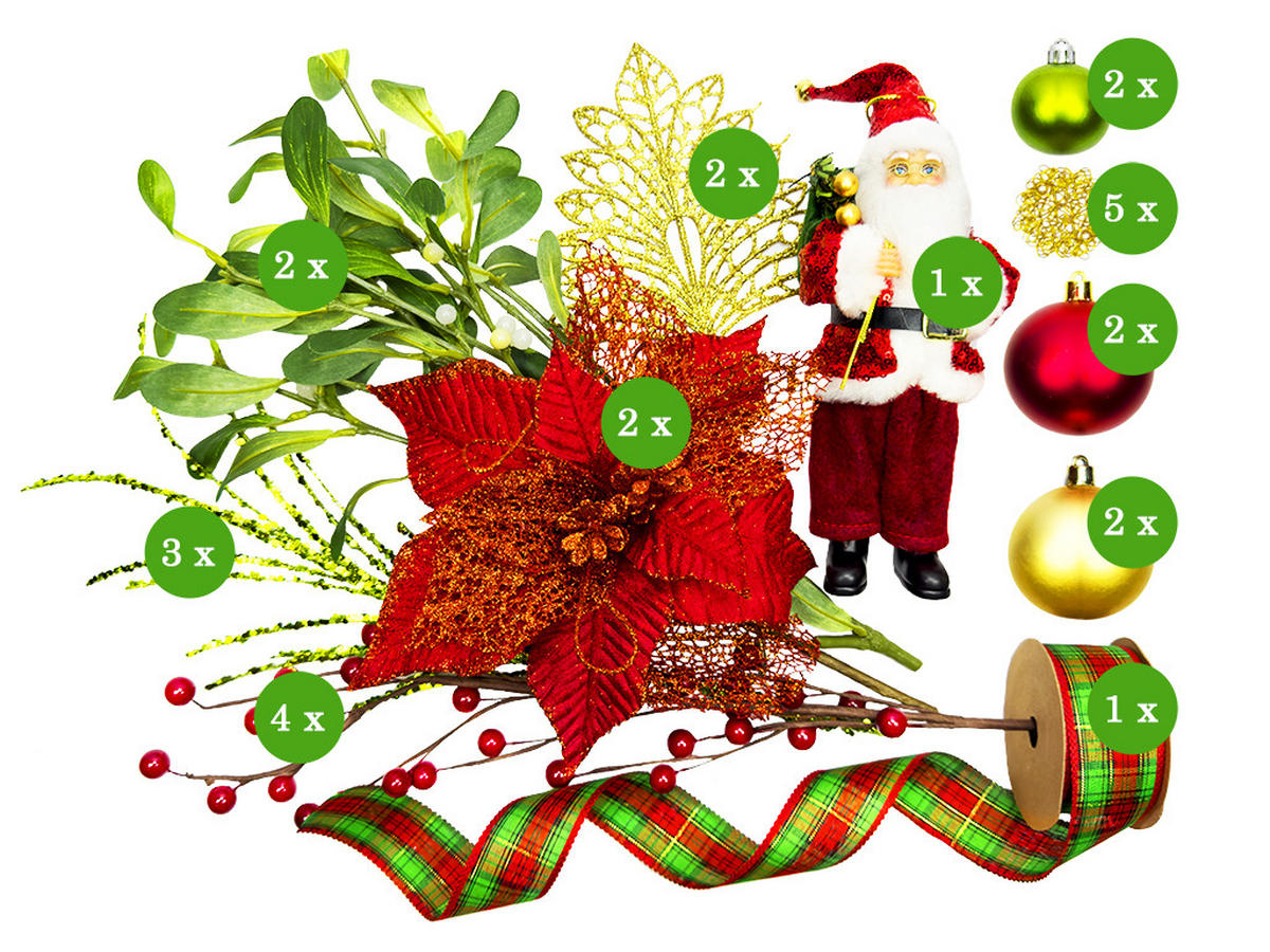 WEIHNACHTSBAUM künstlicher 60 cm mit LED-Beleuchtung, SANTA II, mit 26 Weihnachtsbaumschmuck, Pflanztopf mit Jutesack - Rot/Goldfarben, Kunststoff/Stein (40/60cm) - LAALU