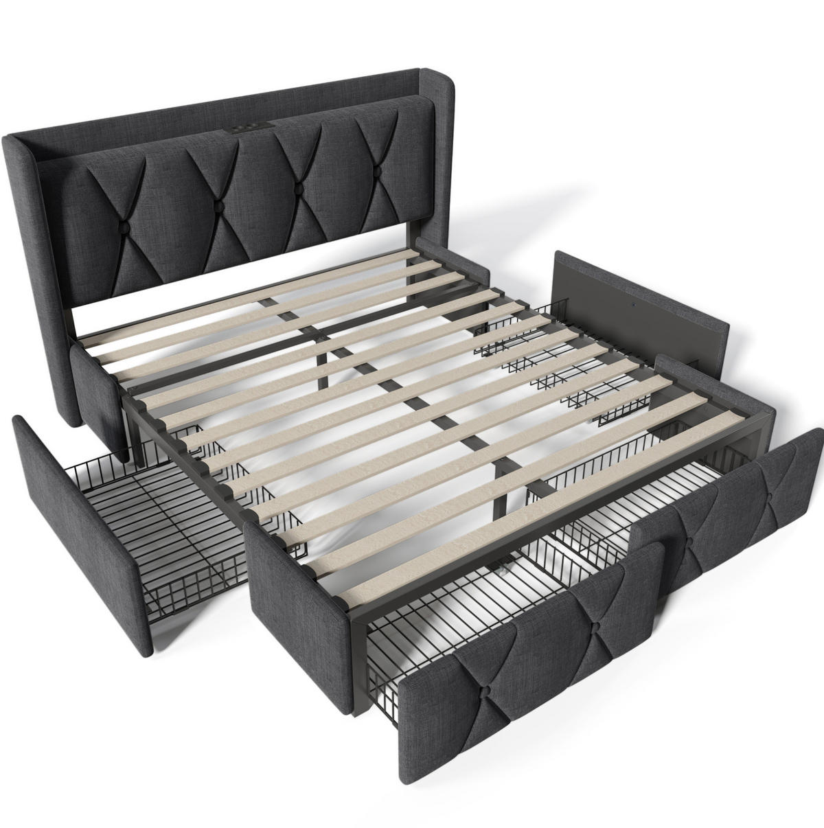 POLSTERBETT 140/200 cm mit USB, Steckdosen und 4 Schubladen inkl. Matratze und Lattenrost, Grau - Grau, Textil (140/200cm) - Redom