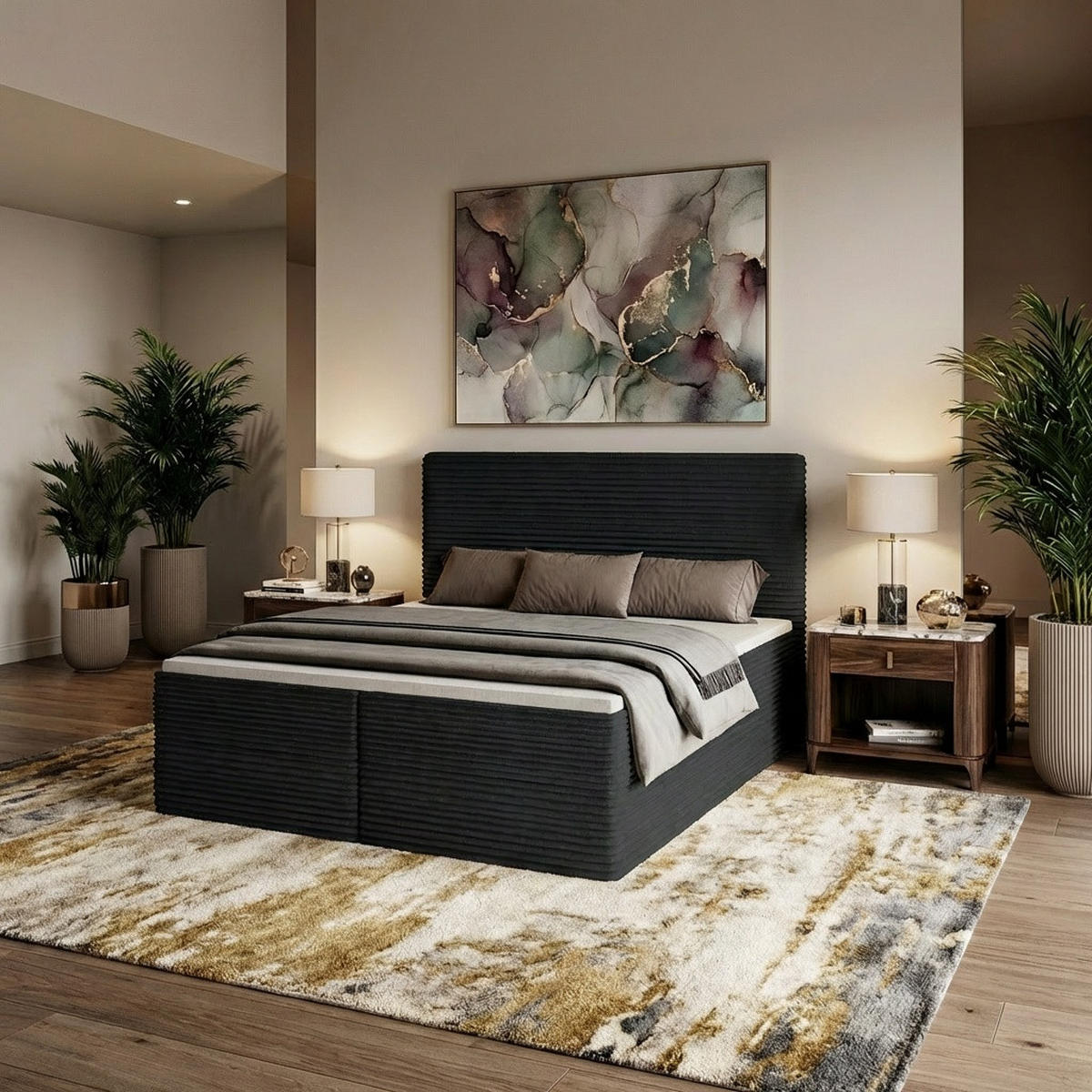 BOXBETT RAVENO mit Bettkasten 180x200 cm inkl. Bonell-Federkernmatratze H3 und Topper – Polsterbett Stoff TILIA Schwarz - Schwarz, Textil (180/200cm) - Luxkor24
