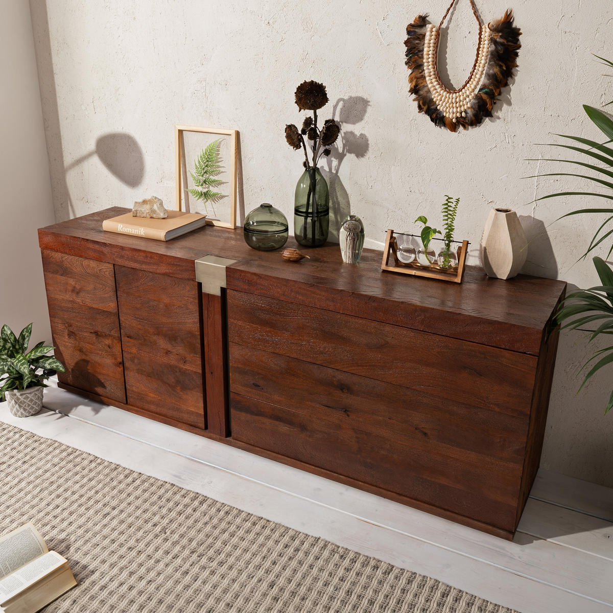 SIDEBOARD Mango 200x45x75 braun lackiert Amsterdam #30 - Braun, Holz (200/75/45cm) - Massivmoebel24