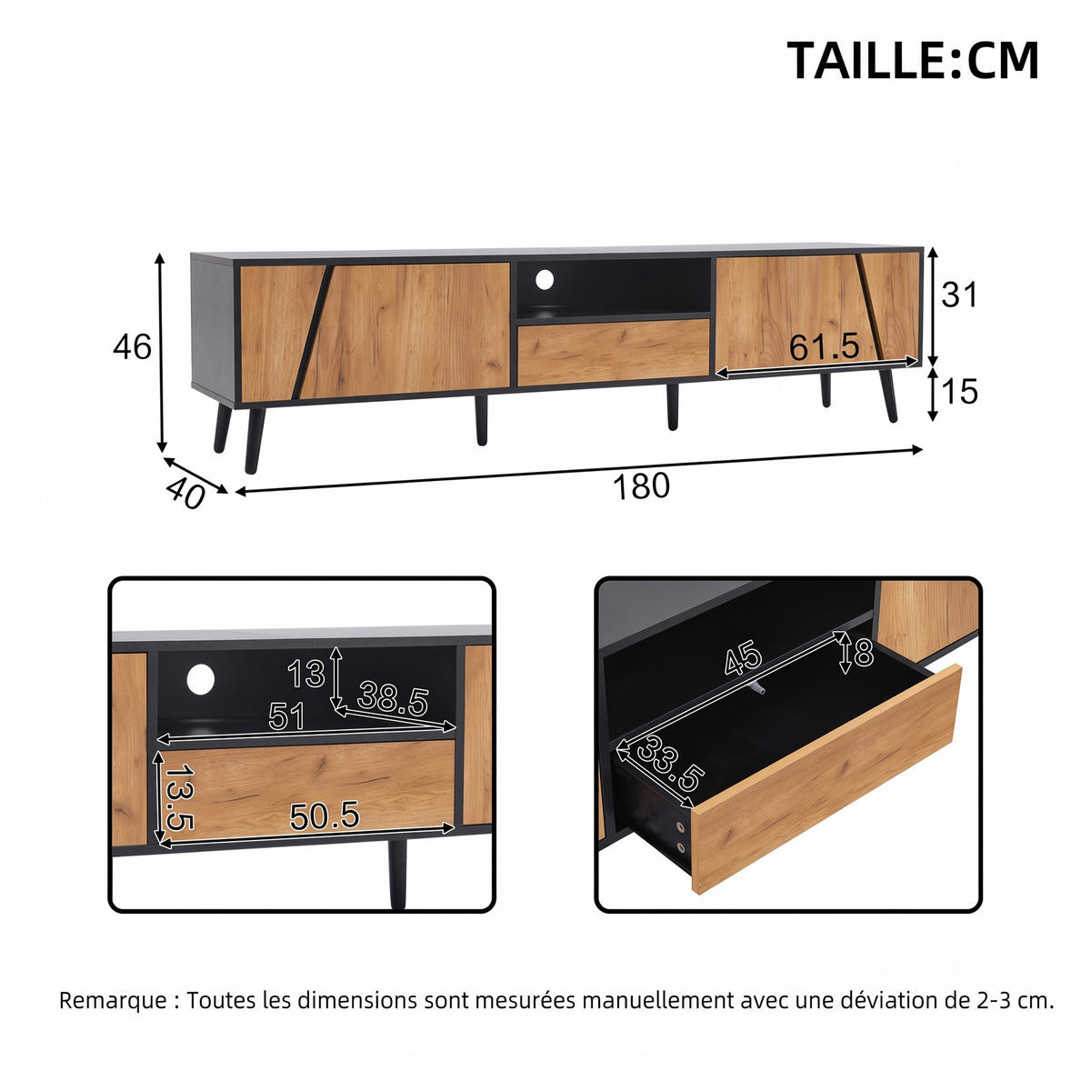 TV-LOWBOARD mit 1 Schublade und 2 Türen, Moderne minimalistische, Stützbeinen aus Massivholz, 180 x 40 x 46 cm - Multicolor, Holz/Metall (40/46/180cm) - GENKI LIVING