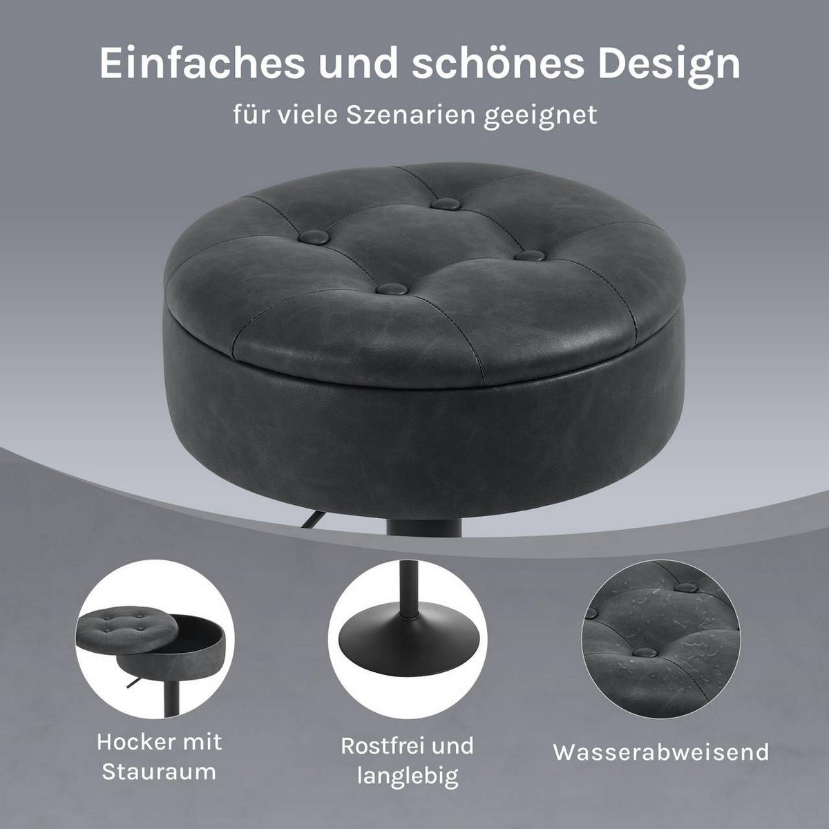 BARHOCKER mit Stauraum, drehbar, Kunstleder, Anthrazit - Anthrazit/Schwarz, Kunststoff/Metall (39/60.5/39cm) - Woltu