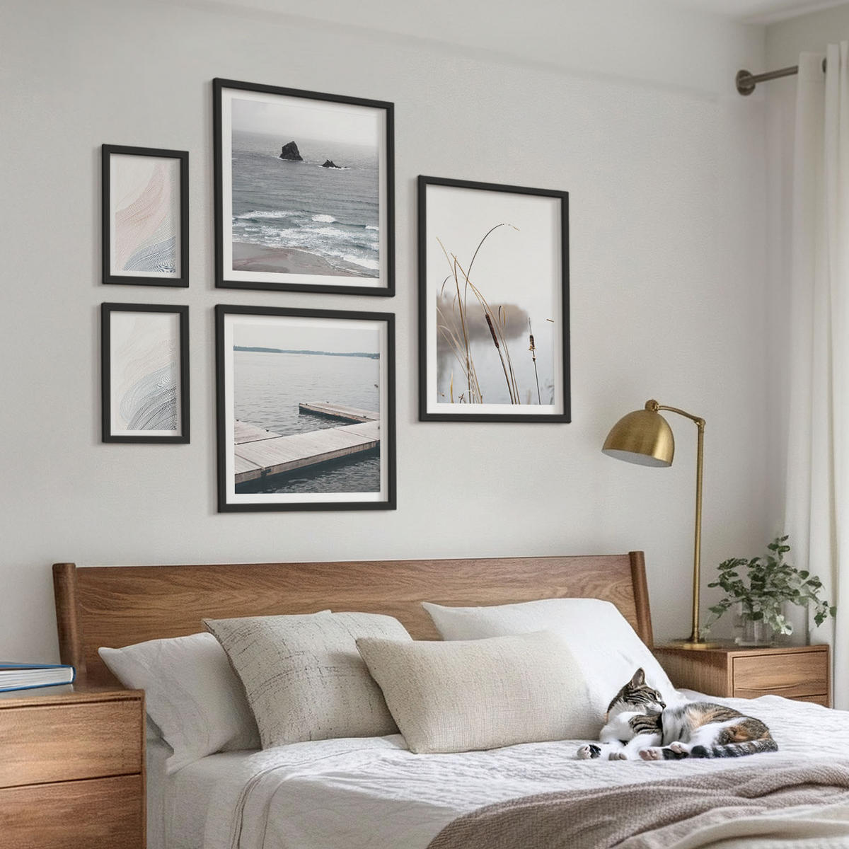 BILDER SET 5er Set - 50x50 cm & 20x30 cm & 40x60 cm Schwarzer Rahmen - Abstrakte Pastellwellen - Schwarz, Kunststoff (40/60cm) - TULUP
