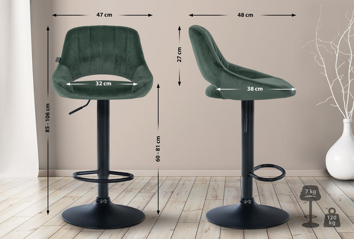 BARHOCKER 2er Set Milos Samt B grün - Schwarz/Grün, Textil/Metall (47/106/48cm) - TPFLiving