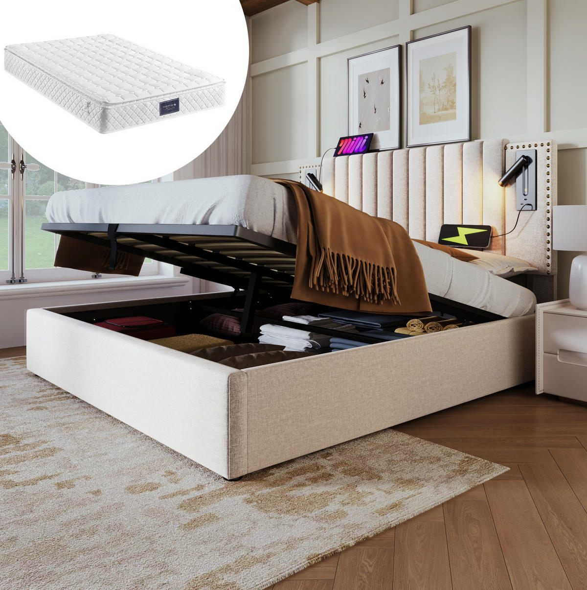 POLSTERBETT 140/200 cm mit Matratze, USB-Typ-C, Leselicht, Bettkasten und verstellbarem Kopfteil, Beige - Beige, Textil (140/200cm) - Redom