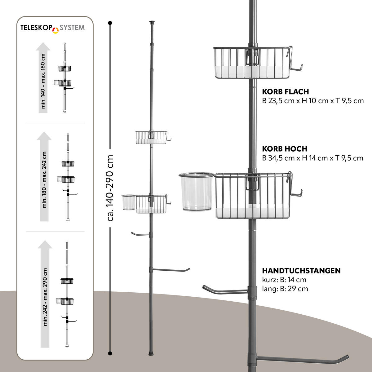 TELESKOP-KÜCHENREGAL, ausziehbar bis max. 290 cm, Metall, grau - Grau, Metall (34.5/290/34.5cm) - bremermann