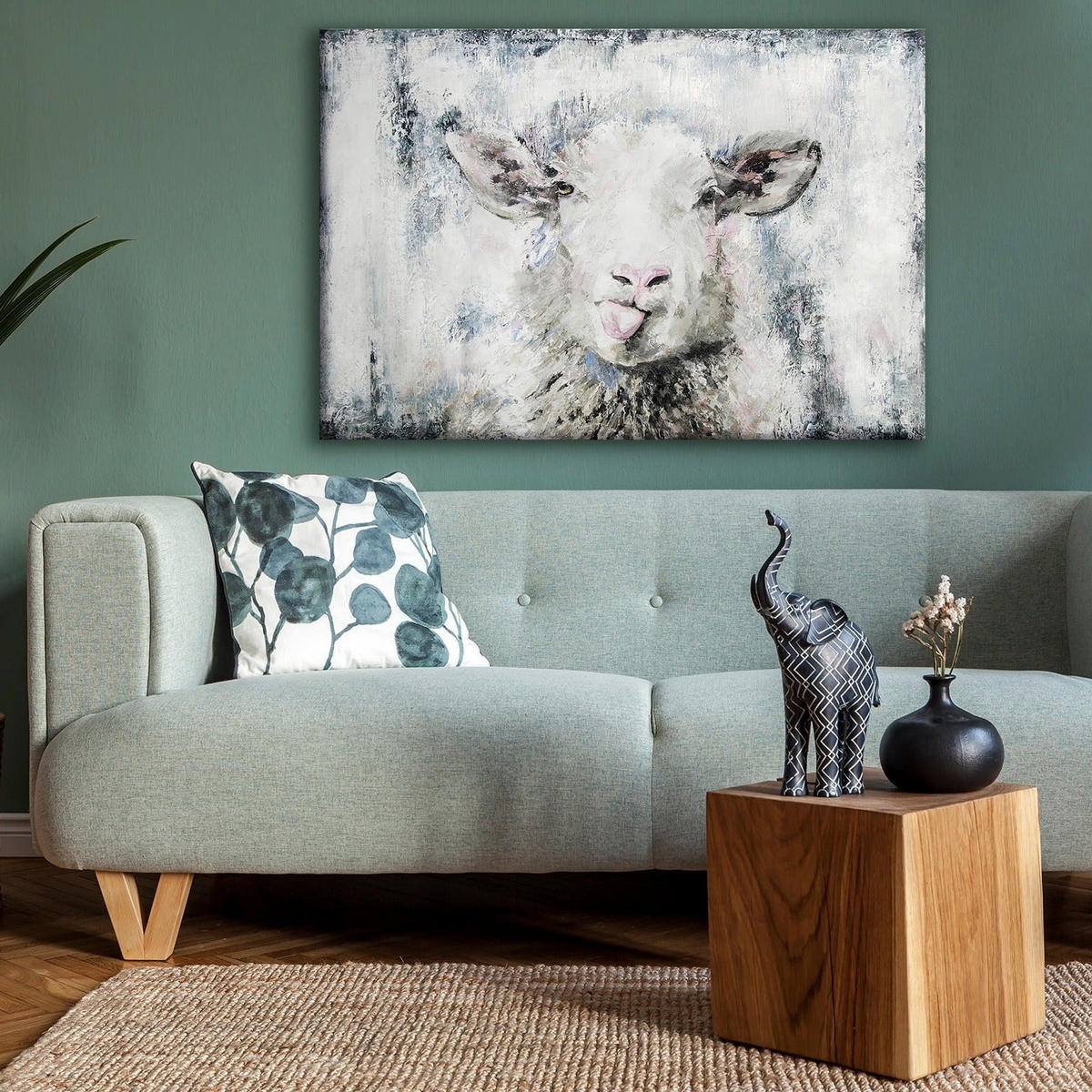 GEMÄLDE Glückliches Schaf auf Keilrahmen 120x80 cm - Grau, Holz (120/80cm) - YS-art gallery