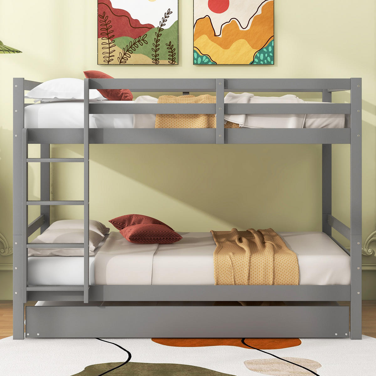ETAGENBETT 140/200 cm Grau mit Ausziehbett und stabiler Treppe aus Kiefernholz - Grau, Holz (140/200cm) - OKWISH