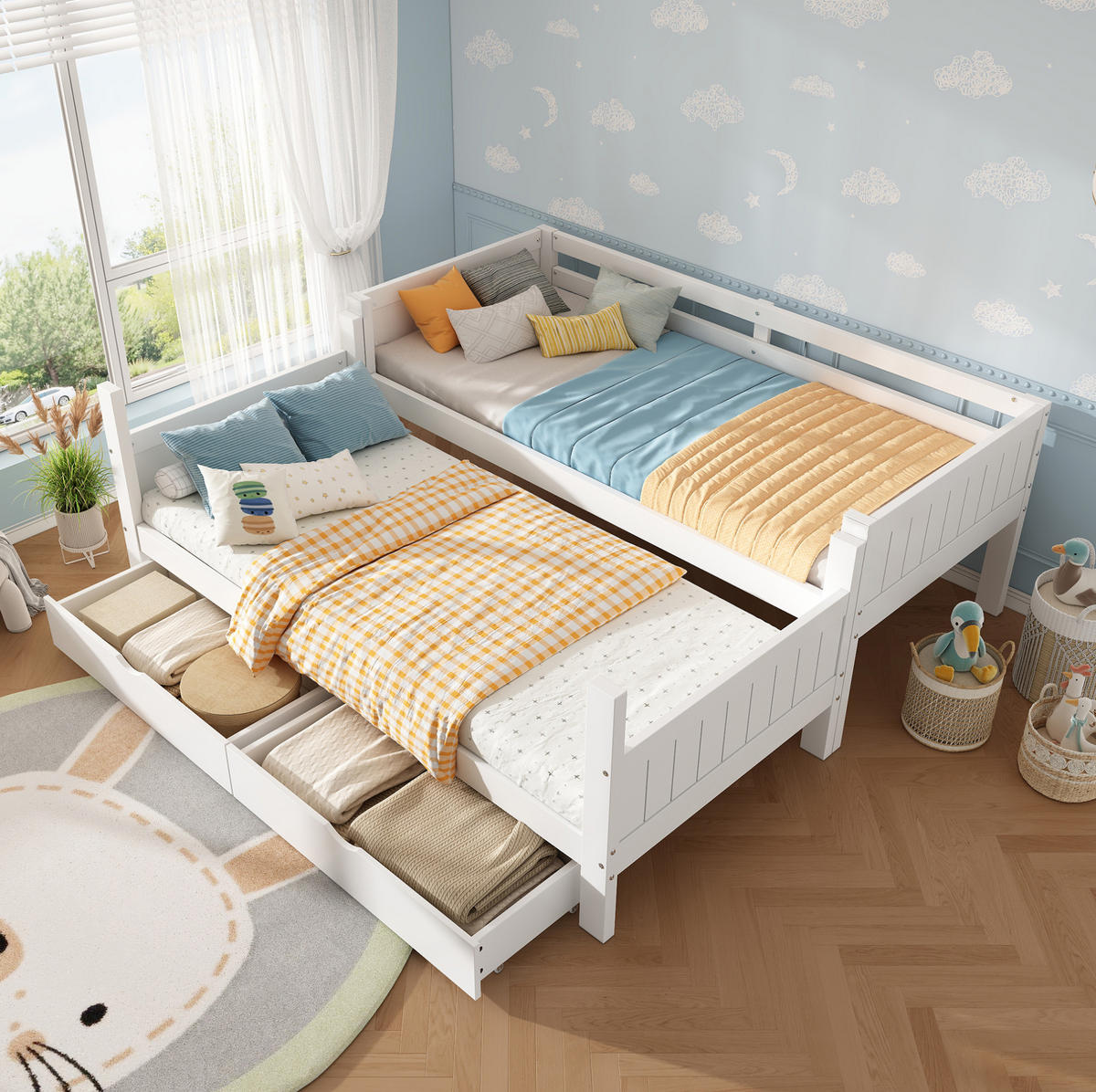 ETAGENBETT aus Holz 90x200 cm Weiß mit 2 Schubladen, Leiter und teilbar in 2 Einzelbetten - Weiß, Holz (90/200cm) - Modfu