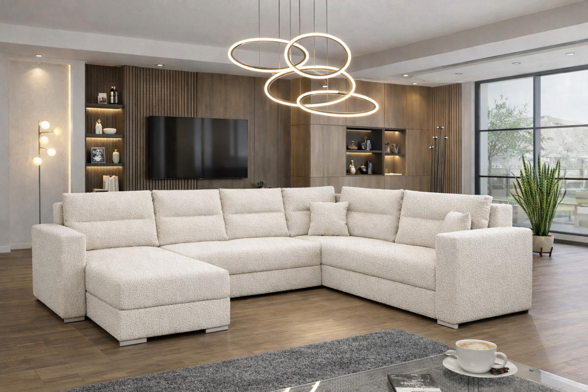 WOHNLANDSCHAFT CAPTAIN U-Form 314 cm mit hochwertigem Federkern, Schlaffunktion, Bettkasten und Ottomane links/rechts - Creme/Schwarz, Kunststoff (314/90/217cm) - Wohnideebilder