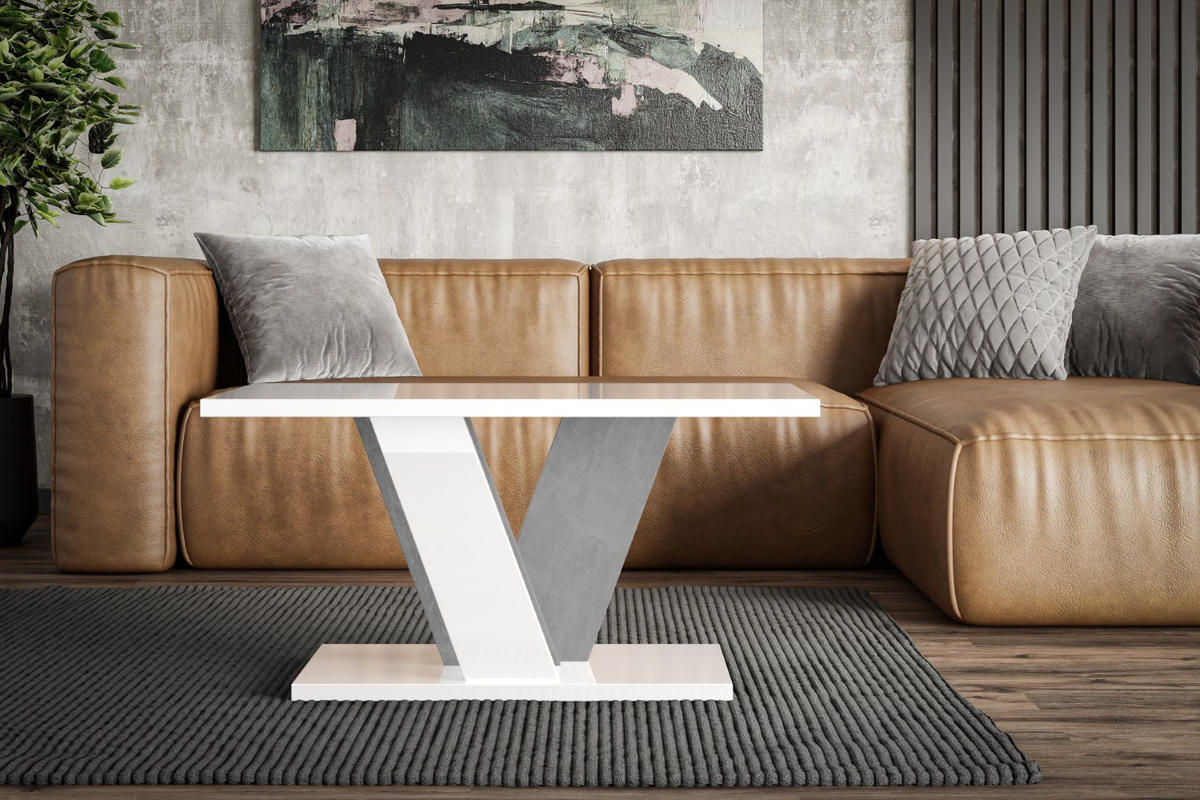KAFFEETISCH 110x70x60 cm - Hochglanz Weiß / Betonoptik - INEY - Weiß Hochglanz, Holzwerkstoff (110/70/60cm) - ALTDECOR
