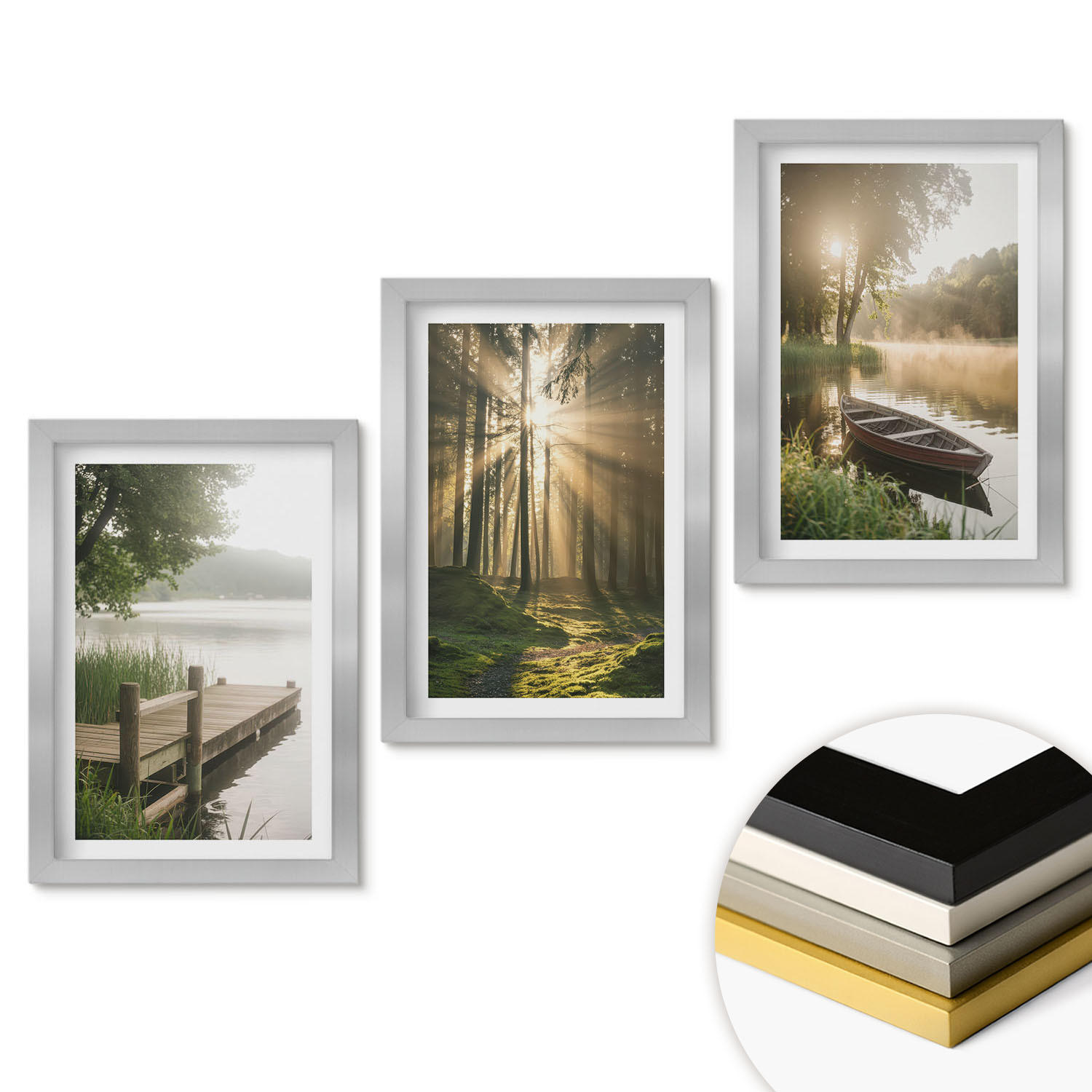 WANDBILDER 3er Set - 20x30 cm Silberner Rahmen - See, Wald, Boot, Morgennebel - Silberfarben, Kunststoff (20/30cm) - ArtPrintCave