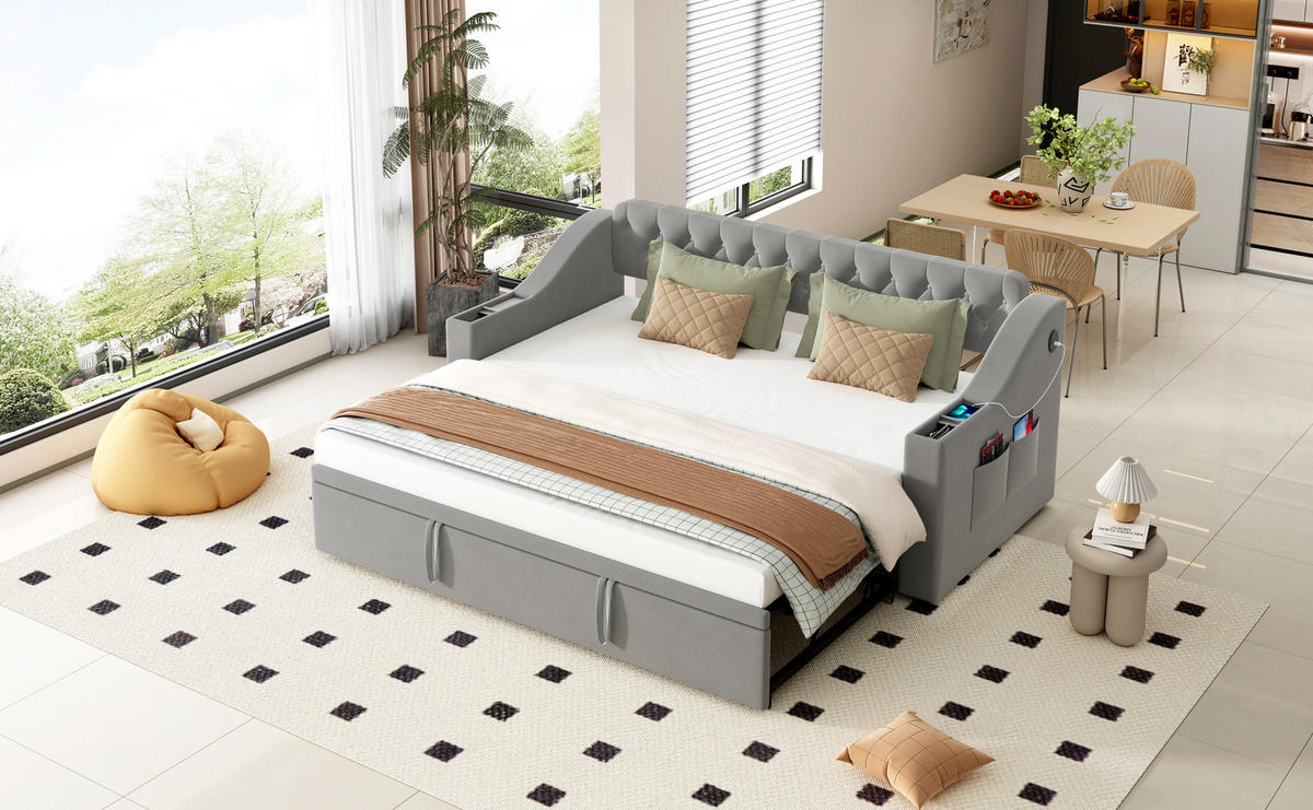POLSTERBETT 90/180x190 cm USB Samt grau - Grau, Textil (180/190cm) - LEBENLANG