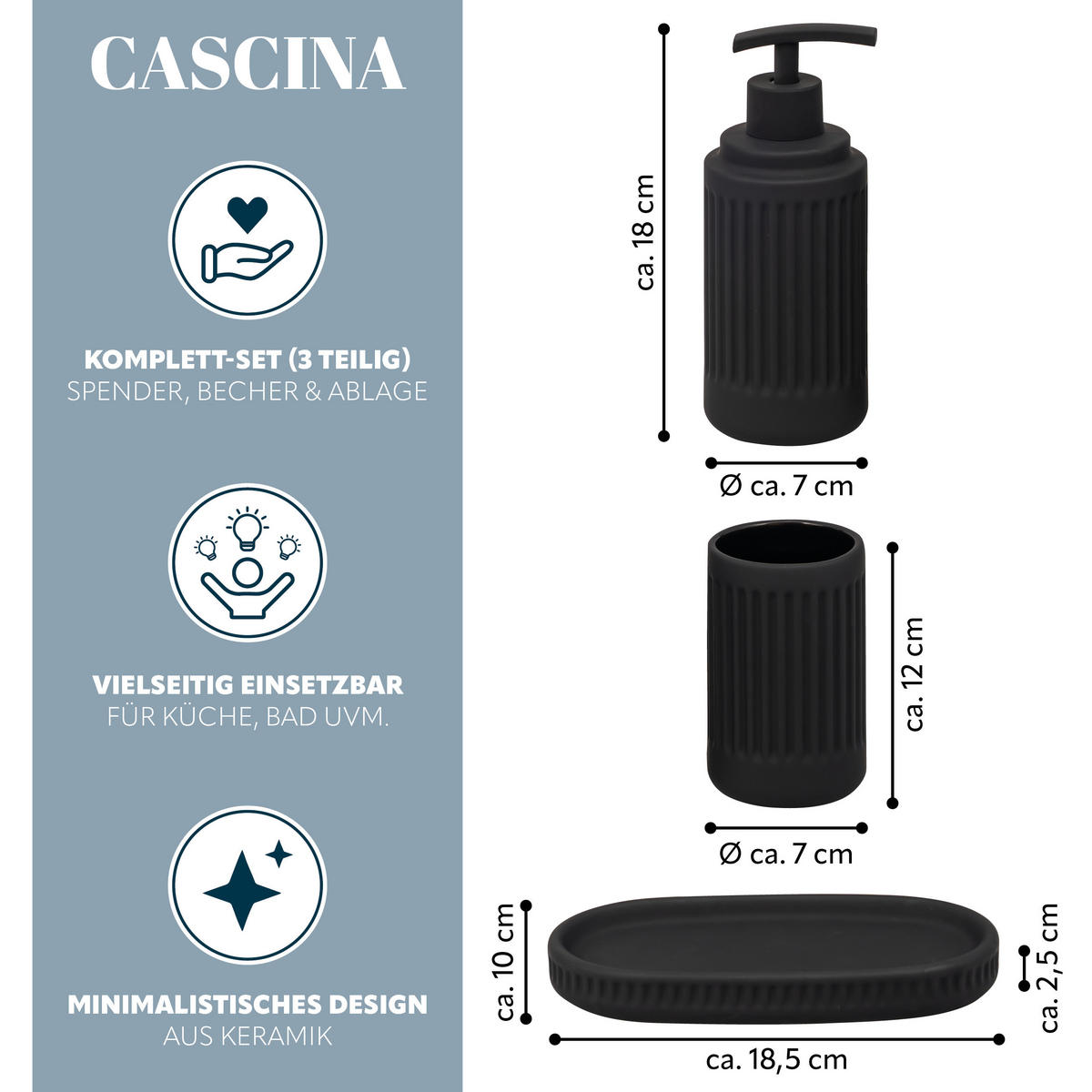 BAD-ACCESSOIRES-SET CASCINA, Soft-Touch, schwarz - Schwarz, Keramik (7/18/7cm) - eluno