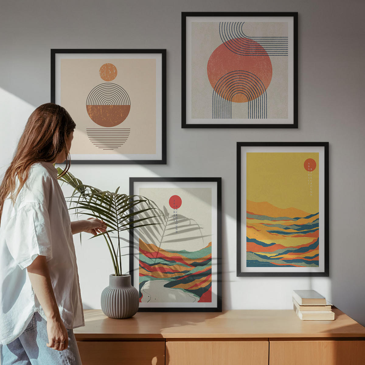 BILDER SET 4er Set - 50x50 cm & 40x60 cm Schwarzer Rahmen - Farbenfrohe Muster der Japandi-Flussberge - Schwarz, Kunststoff (50/50cm) - TULUP