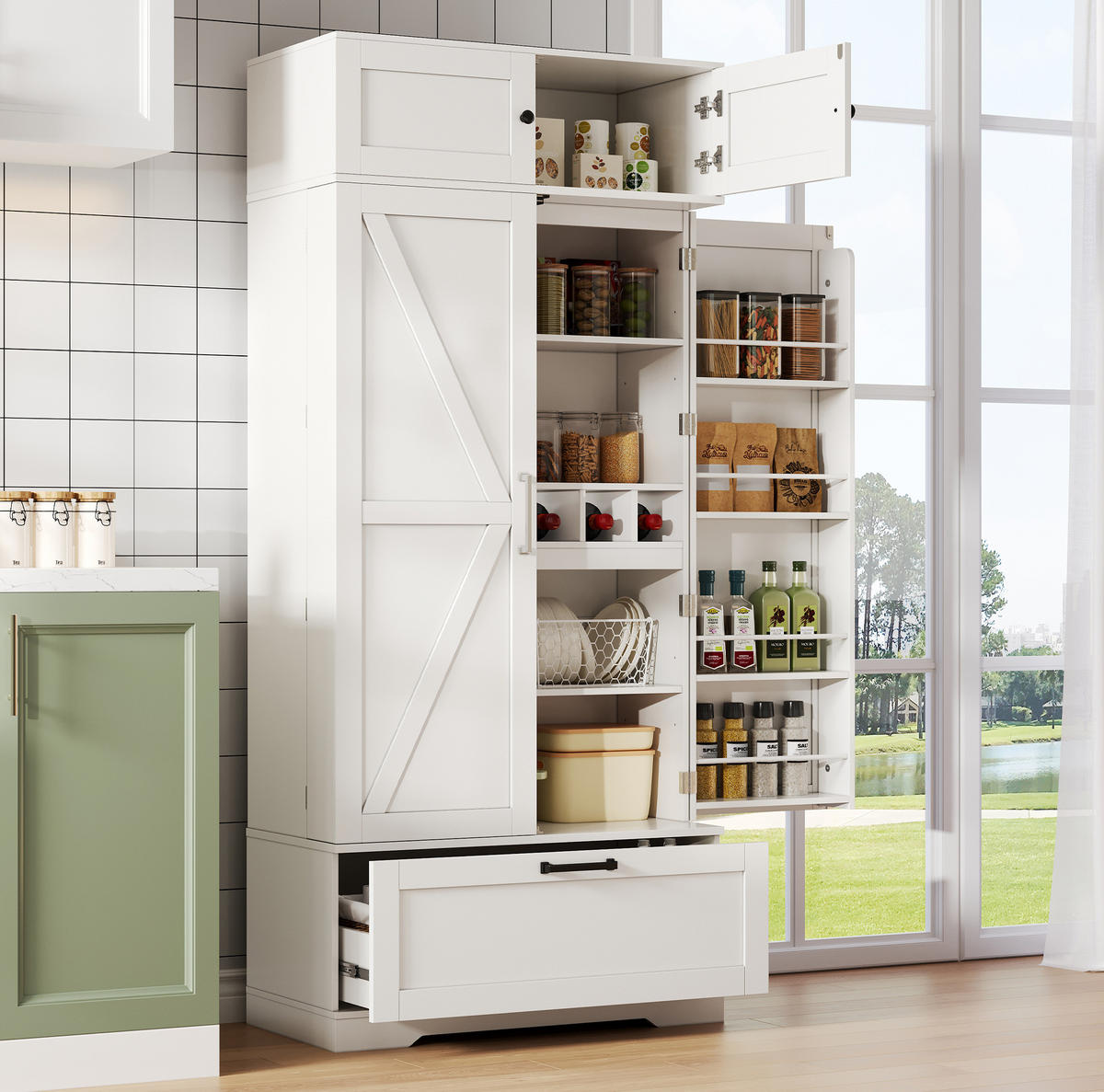 BUFFETSCHRANK 80/40/180 cm mit Schublade, Weinregal und verstellbaren Einlegeböden aus MDF, Weiß - Weiß, Holzwerkstoff (80/180/40cm) - Redom