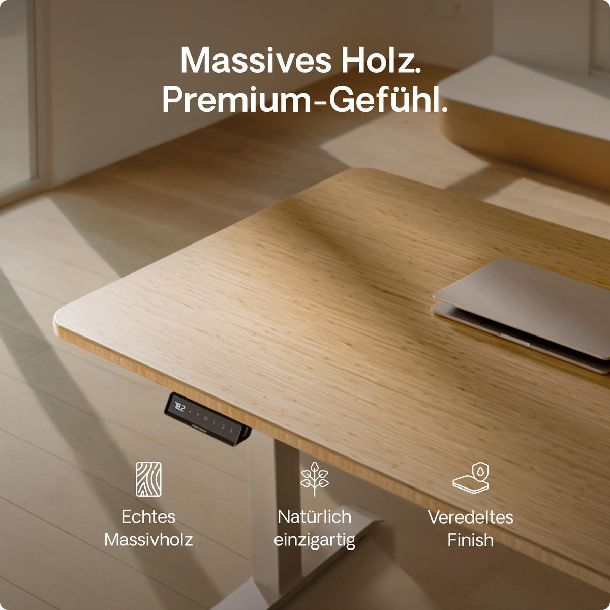 SCHREIBTISCH Elektrisch Höhenverstellbarer HomeOne 140x70cm Weiß/Bambus mit Memory-Funktion, Anti-Kollisions Technologie - Hellgelb/Weiß, Holz (70/140/72cm) - Desktronic