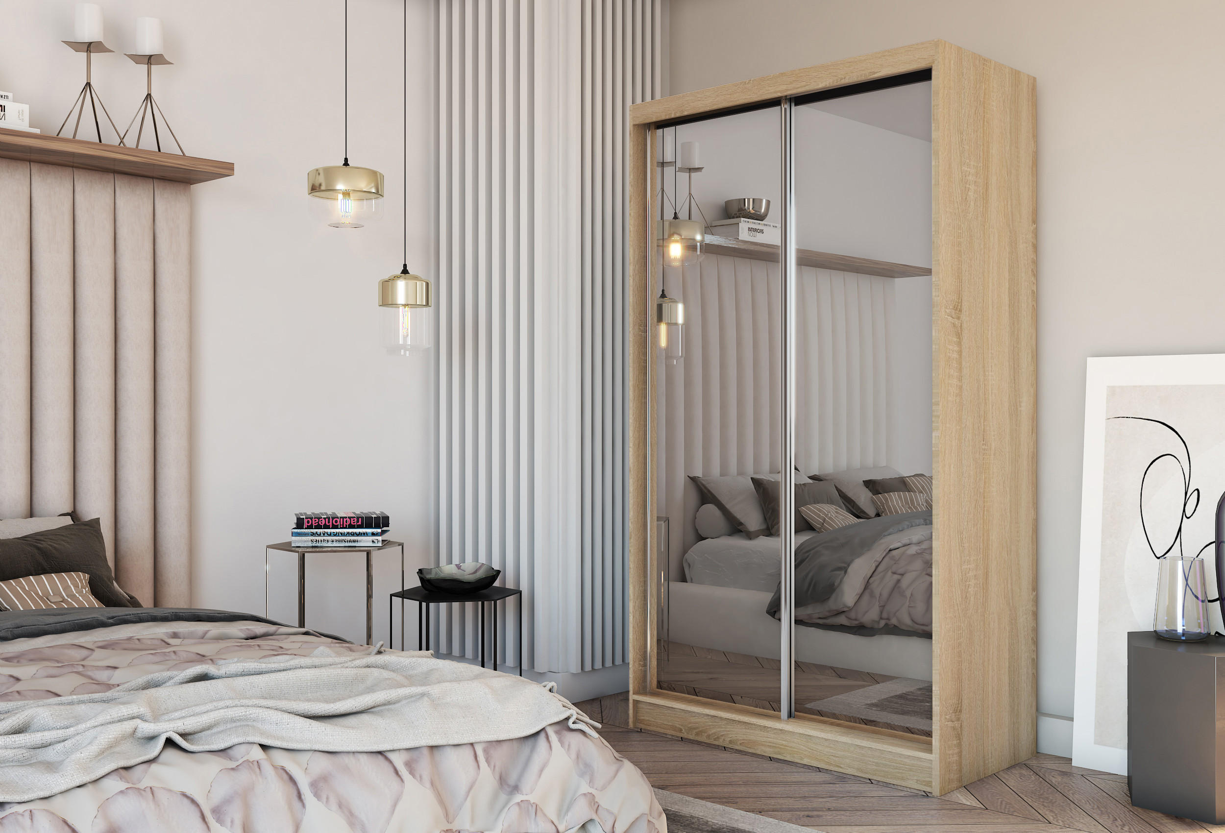 SCHWEBETÜRENSCHRANK BELLINA 120/216/61 cm 2-türig mit Spiegel Sonoma Eiche - Sonoma Eiche, Holzwerkstoff (120/216/61cm) - MASSENO