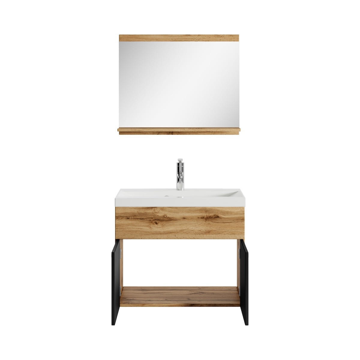 BADMÖBEL-SET Montreal 3 Teile Eiche - Schwarze Waschbecken - 60 x 35 x 51 cm - Eichefarben/Schwarz, Holz (60/51/35cm) - Badplaats