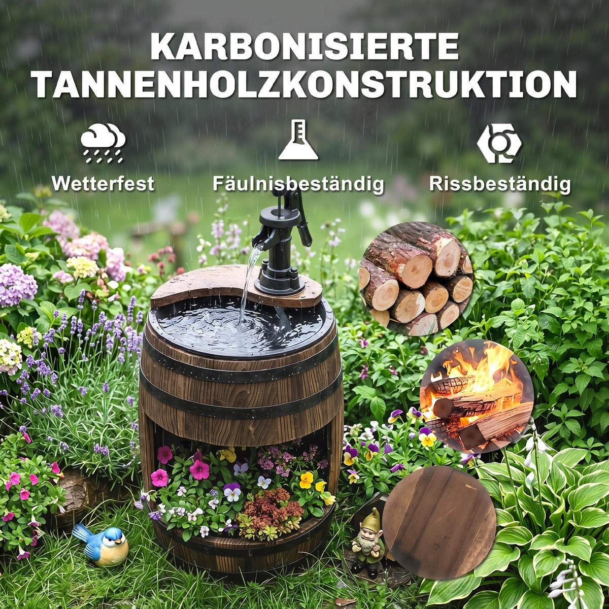 GARTENBRUNNEN, Tannenholz, Metall, Natur - Naturfarben, Holz/Metall (27/27/59cm) - Outsunny