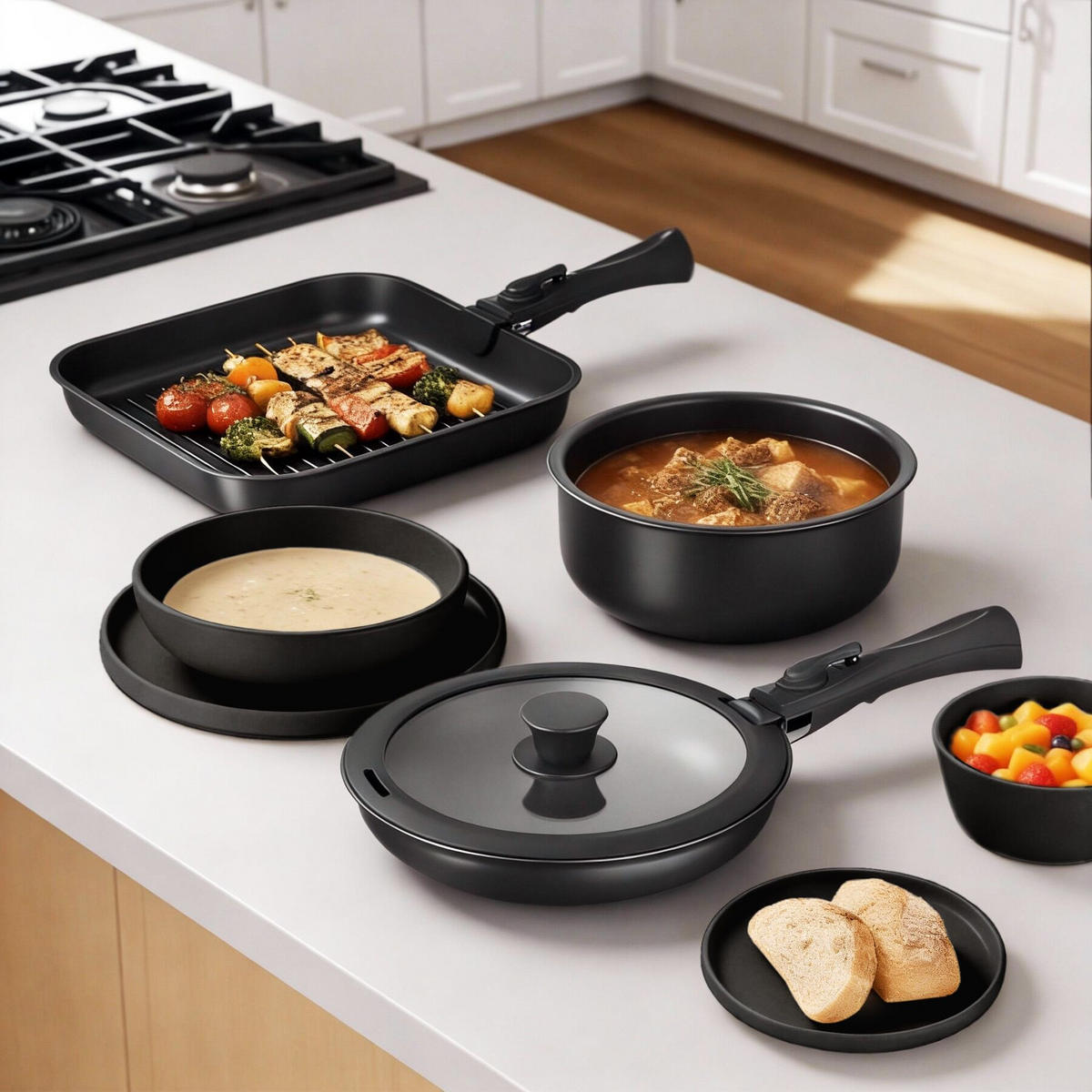 KÜCHENSTARTERSET 41er Set Una/Parma, inklusive Topfschonern und anklemmbaren Griffen, schwarz - Schwarz, Keramik - tectake
