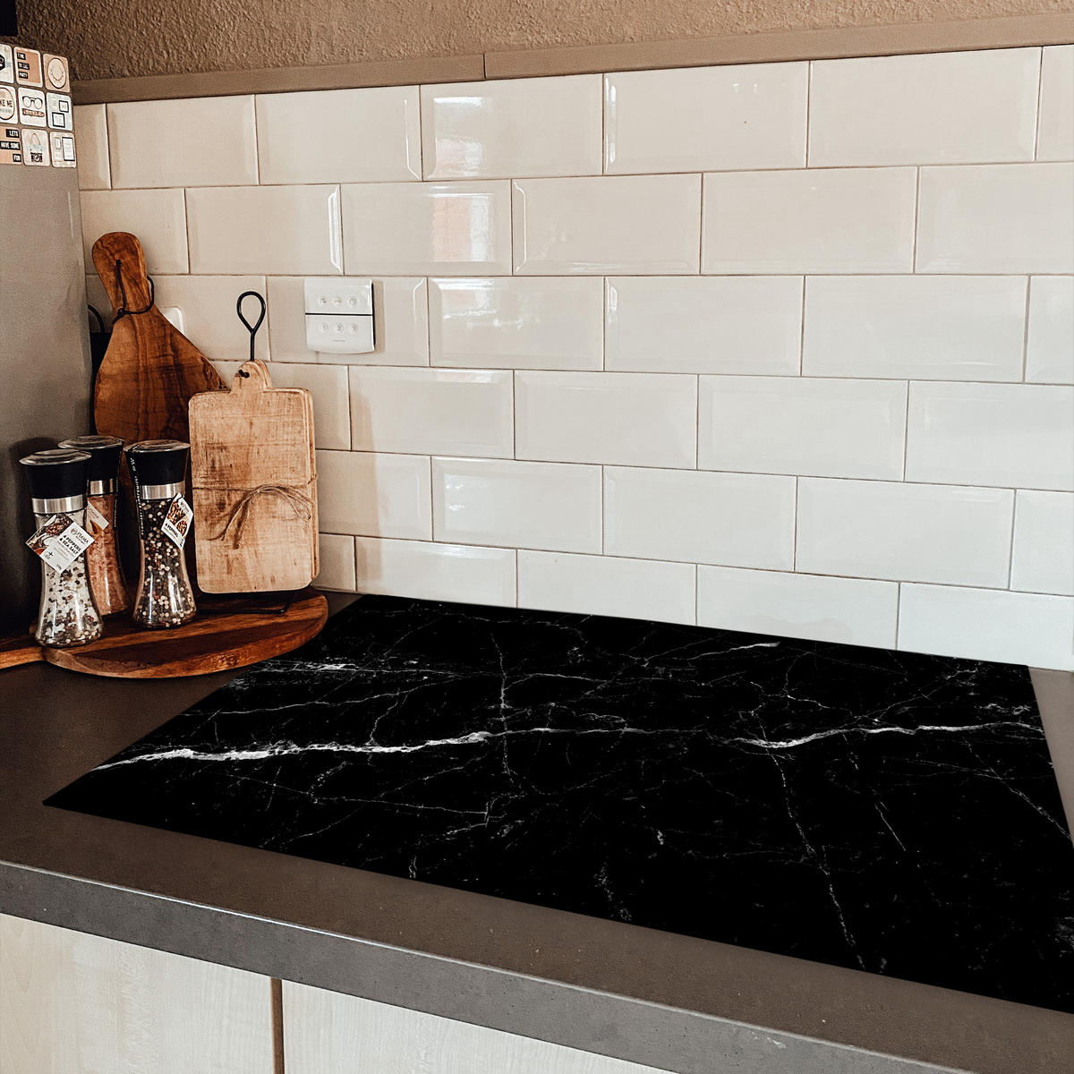 HERDABDECKPLATTE Marmoroptik - Schwarz - Luxus 80x52 cm - Grau, Kunststoff (80/52/0.2cm) - MuchoWow