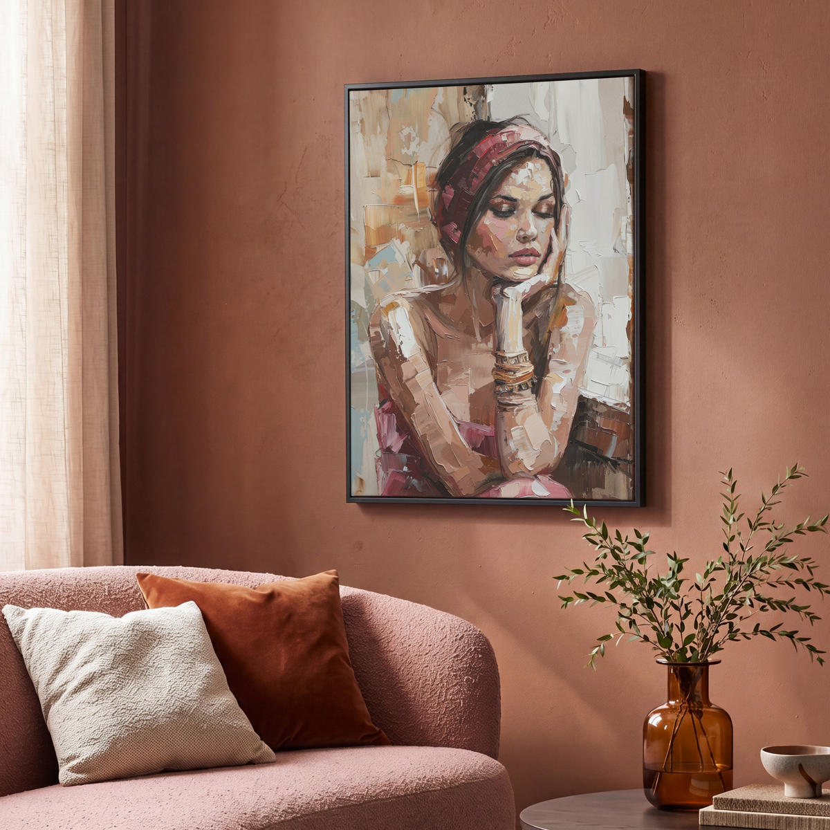 LEINWAND Bilder mit Rahmen - Frau - Lackierung - Porträt - Modern - 70x100 - Altrosa, Textil (70/100cm) - MuchoWow