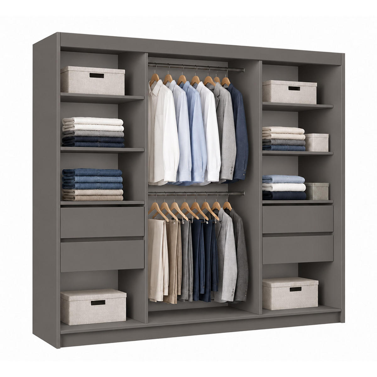 KLEIDERSCHRANK Nox 240 cm Graphit Spiegel 4 Schubladen Griffe silber - Graphitfarben, Holzwerkstoff (240/216/61cm) - KS Home Concept