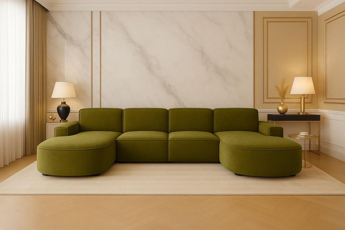 ECKSOFA Cursal Round U-Form, Stoff Salvador, Olive - Olivgrün, Holz (364/166cm) - Kaiser Möbel