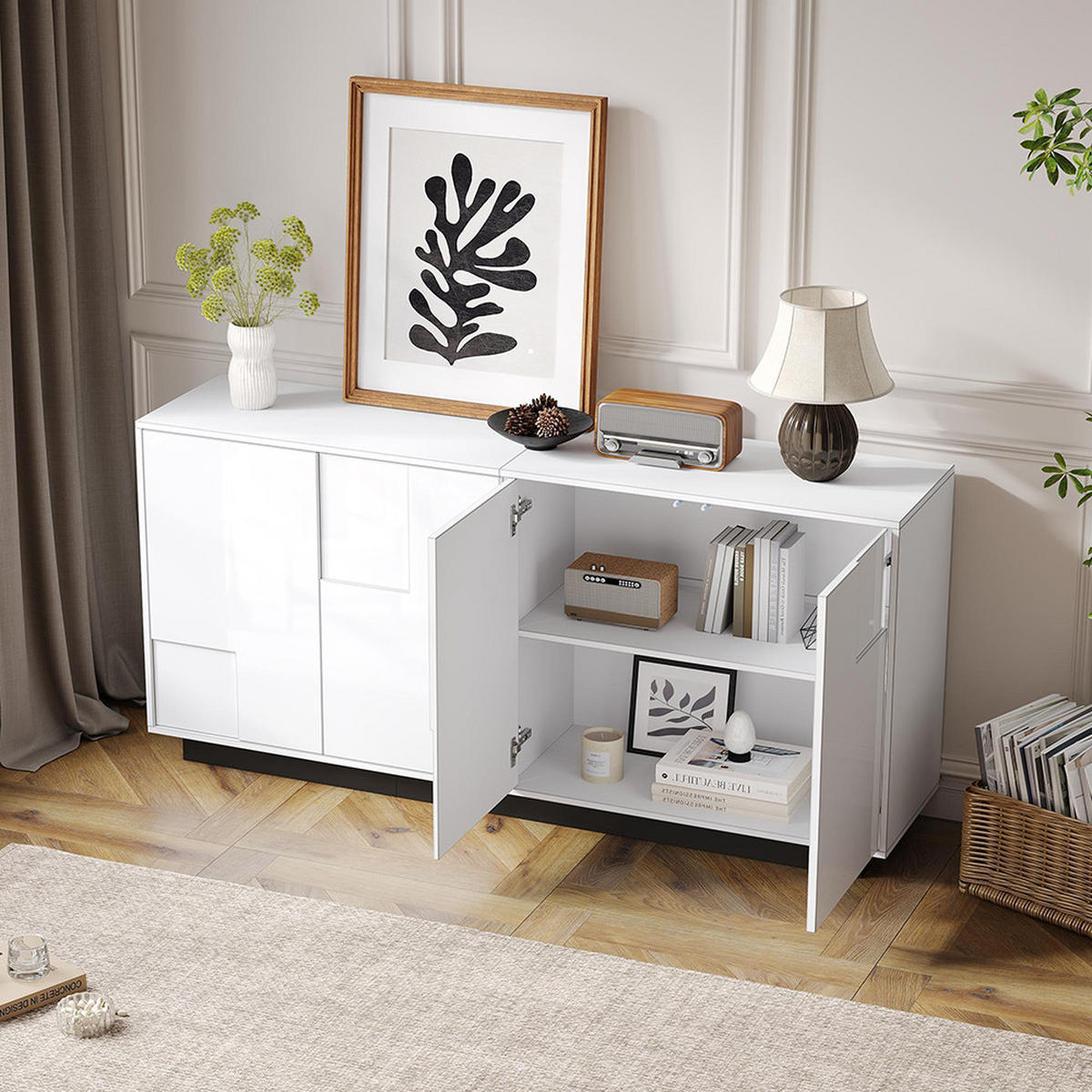 SIDEBOARD 160 x 37 x 75.5 cm mit 4 Türen,Weiß - Weiß, Holzwerkstoff (37/75.5/160cm) - KOMHTOM