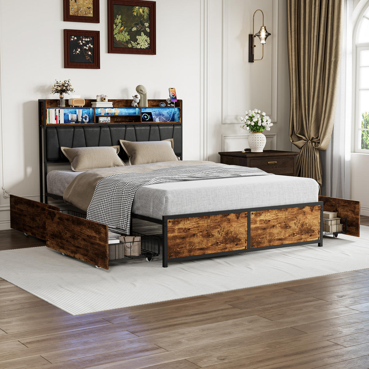 POLSTERBETT 140x200 cm Schwarz mit LED, USB-C & 4 Schubladen - Schwarz, Holz (140/200cm)
