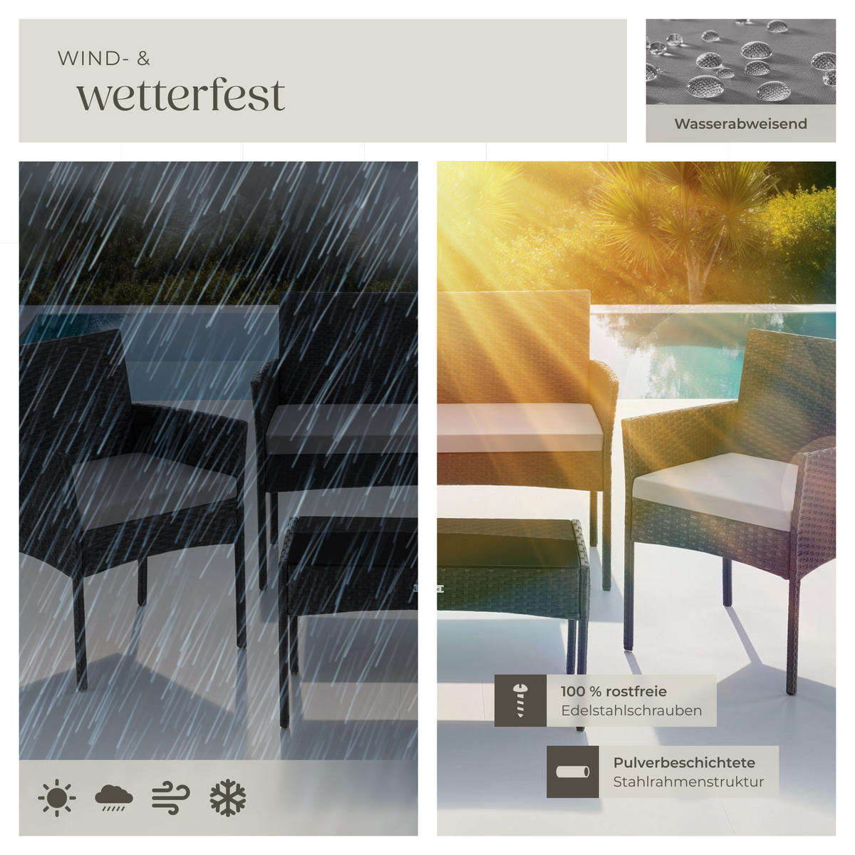 RATTAN GARTENSET Palese,Sofa 250 kg, je Sessel 120 kg,schwarz - Schwarz, Kunststoff - tectake