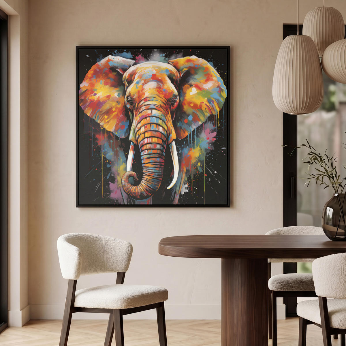LEINWAND Bilder mit Rahmen - Elefant - Graffiti - Schwarz - Tiere - Farben - 90x90 - Schwarz, Textil (90/90cm) - MuchoWow