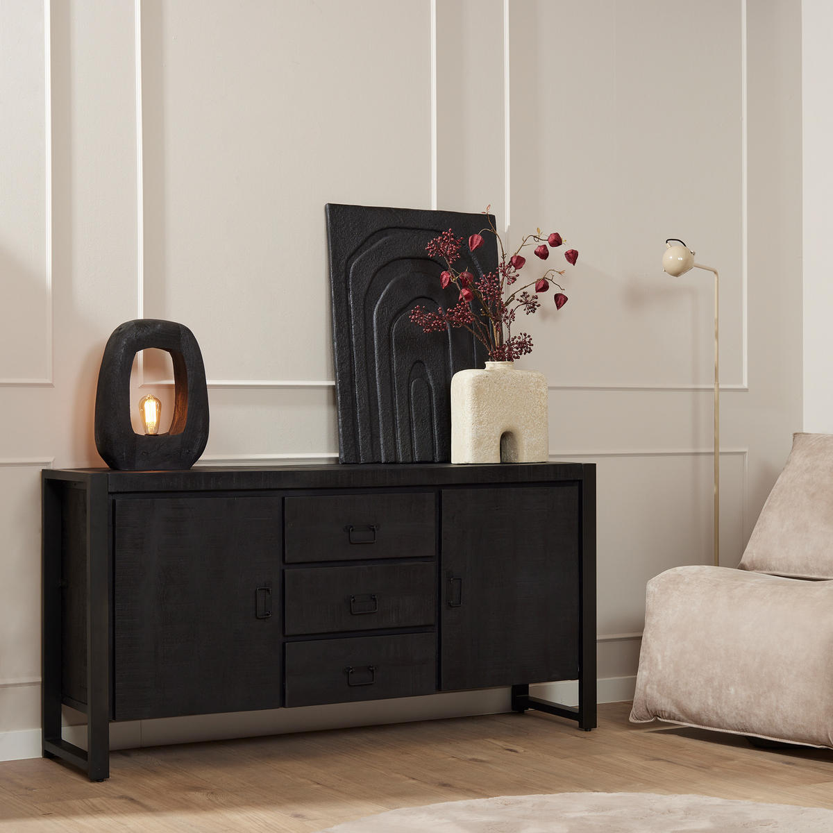 SIDEBOARD Zavan Mangoholz 160 cm / 40 cm Schwarz - Schwarz, Holz (160/80/40cm) - Villa Möbel
