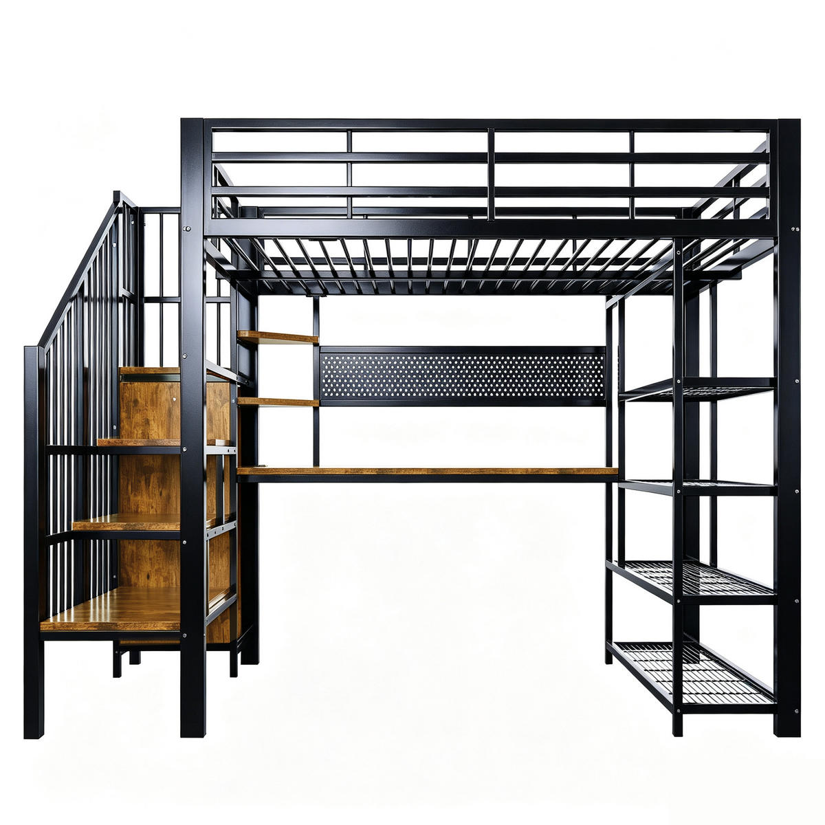HOCHBETT 140/200 cm in Schwarz mit LED, Steckdosen und Stauraum aus Metall & Holz - Schwarz, Holzwerkstoff/Metall (140/200cm) - CHICFURN