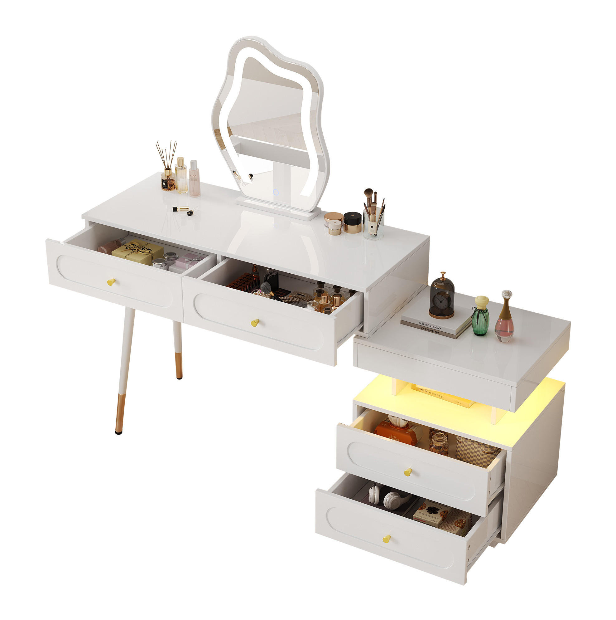 SCHMINKTISCH 140/40/130 cm mit LED-Spiegel, 4 Schubladen und flexiblem Seitenschrank, Weiß - Weiß, Holzwerkstoff (40/130/140cm) - Redom