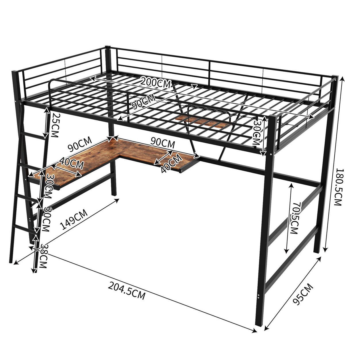 HOCHBETT 90/200 cm Schwarz aus Metall mit L-förmigem Schreibtisch und Regal - Schwarz, Metall (90/200cm) - OKMYHOME