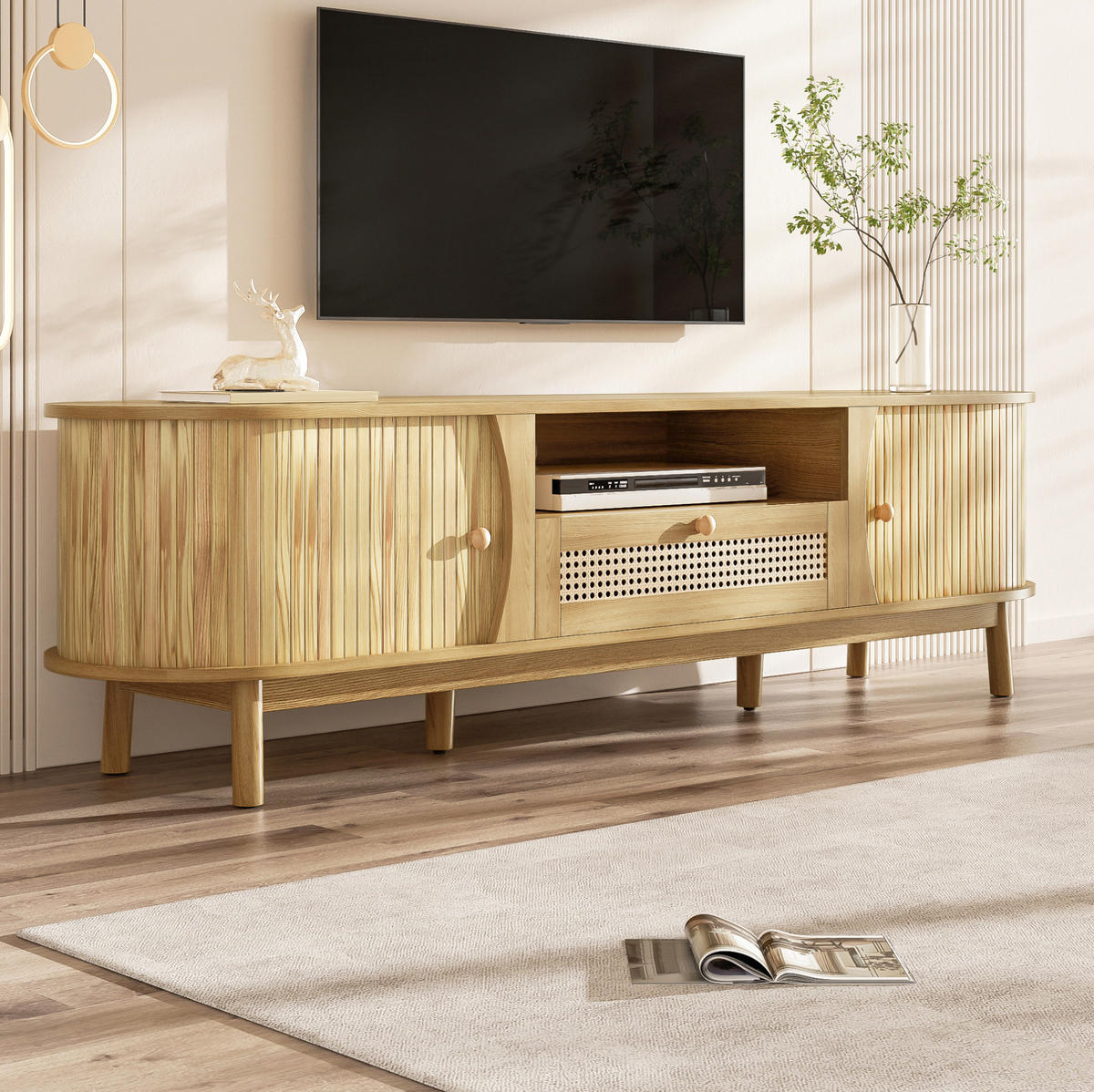TV-LOWBOARD 165/37/46 cm natur aus MDF mit Rattanfronten und Schiebetür - Naturfarben, Holzwerkstoff (37/46/165cm) - OKWISH