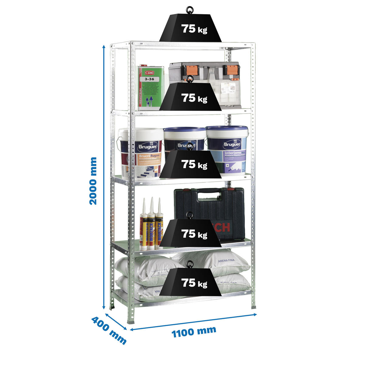 SCHRAUBREGAL PANDA TALL | HxBxT 200x110x40cm | 5 Fachböden | Fachlast 75kg | Verzinkt - Silberfarben, Metall (110/200/40cm) - PROREGAL