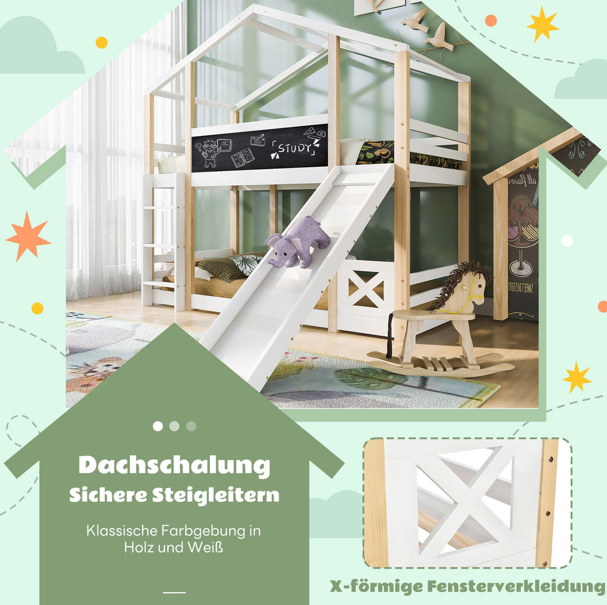 ETAGENBETT Baumhaus 90/200 cm Weiß mit Rutsche und Leiter - Weiß, Holz (90/200cm) - OKWISH