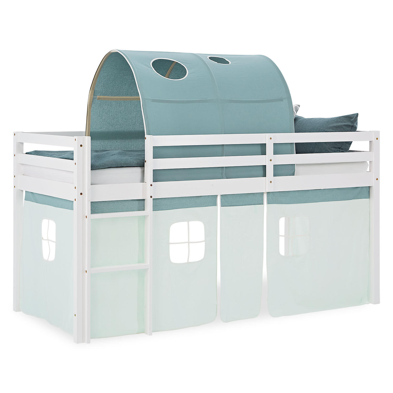 HOCHBETT 90/200 cm in weiß mit Bettvorhang + Tunnel in Mint - Weiß/Mintgrün, Holz - Homestyle4u