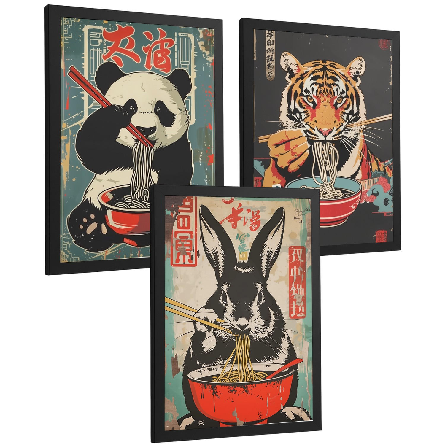 Nacnic PLAKAT Sada 3 Ramen Animals A4 Černý rám