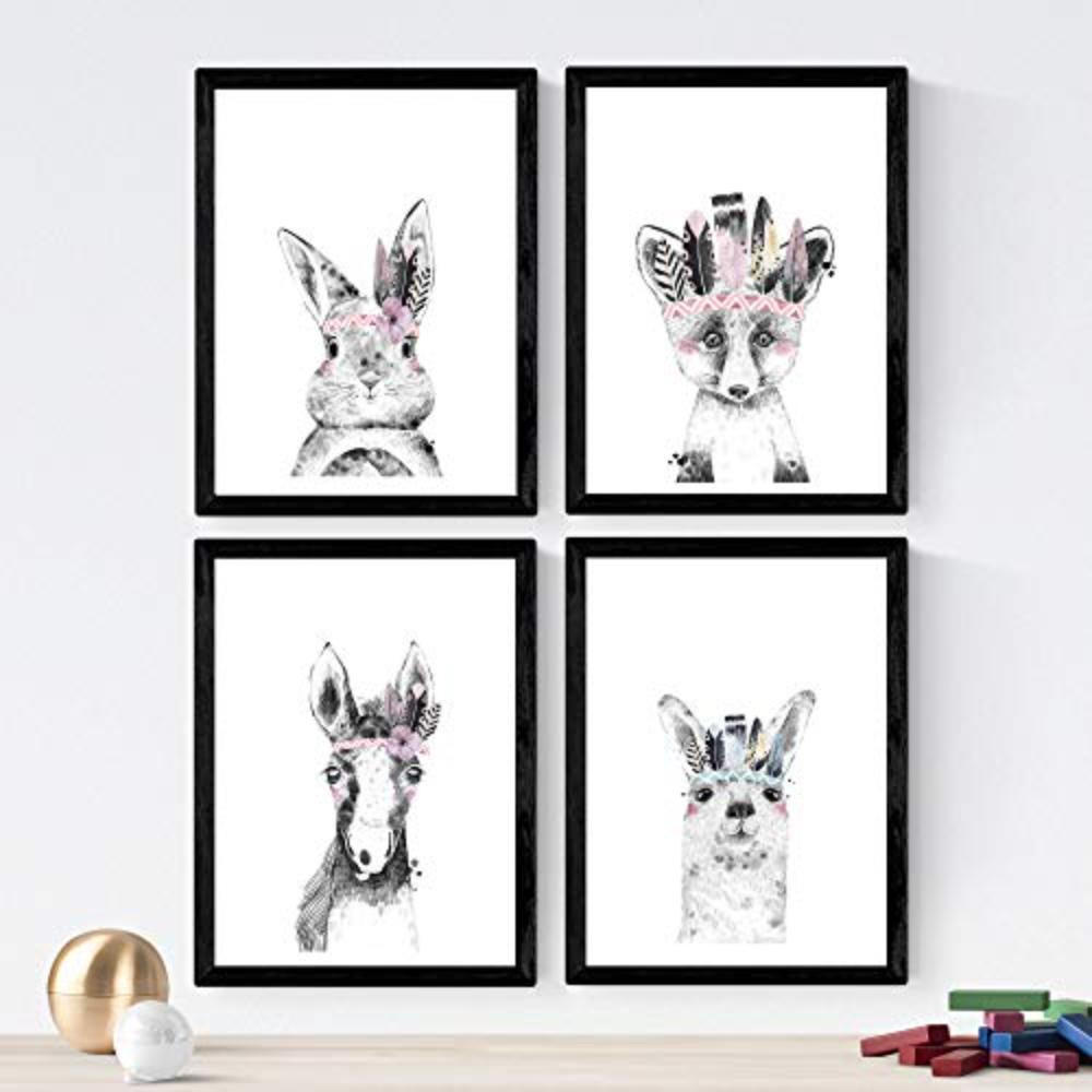 POSTER Set mit 4 „Tiere mit Federn und Blumen“ A3 Schwarzer Rahmen - Schwarz, Papier (29.7/3cm) - Nacnic