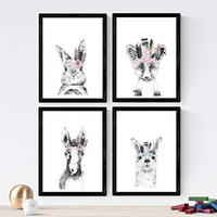 POSTER Set mit 4 „Tiere mit Federn und Blumen“ A3 Schwarzer Rahmen - Schwarz, Papier (29.7/3cm) - Nacnic