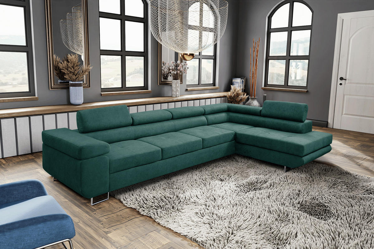 ECKSOFA Marlene IV L-Form mit verstellbaren Kopfstützen Schlaffunktion Bettkasten 347 cm rechts grün - Grün, Kunststoff (202/347cm) - Margaret Hadas24
