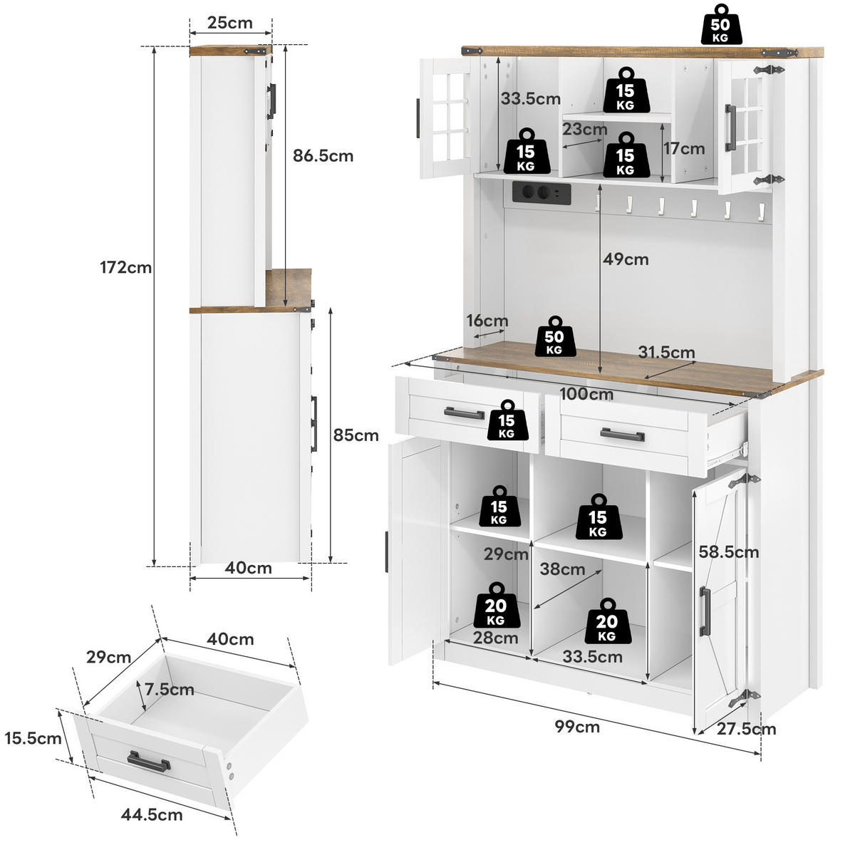 BUFFET aus MDF 100x40x172 cm Braun-Weiß mit LED-Beleuchtung, Steckdosen, USB-C und verstellbaren Einlegeböden im Scheunentor-Design - Braun, Holzwerkstoff (100/172/40cm) - Modfu