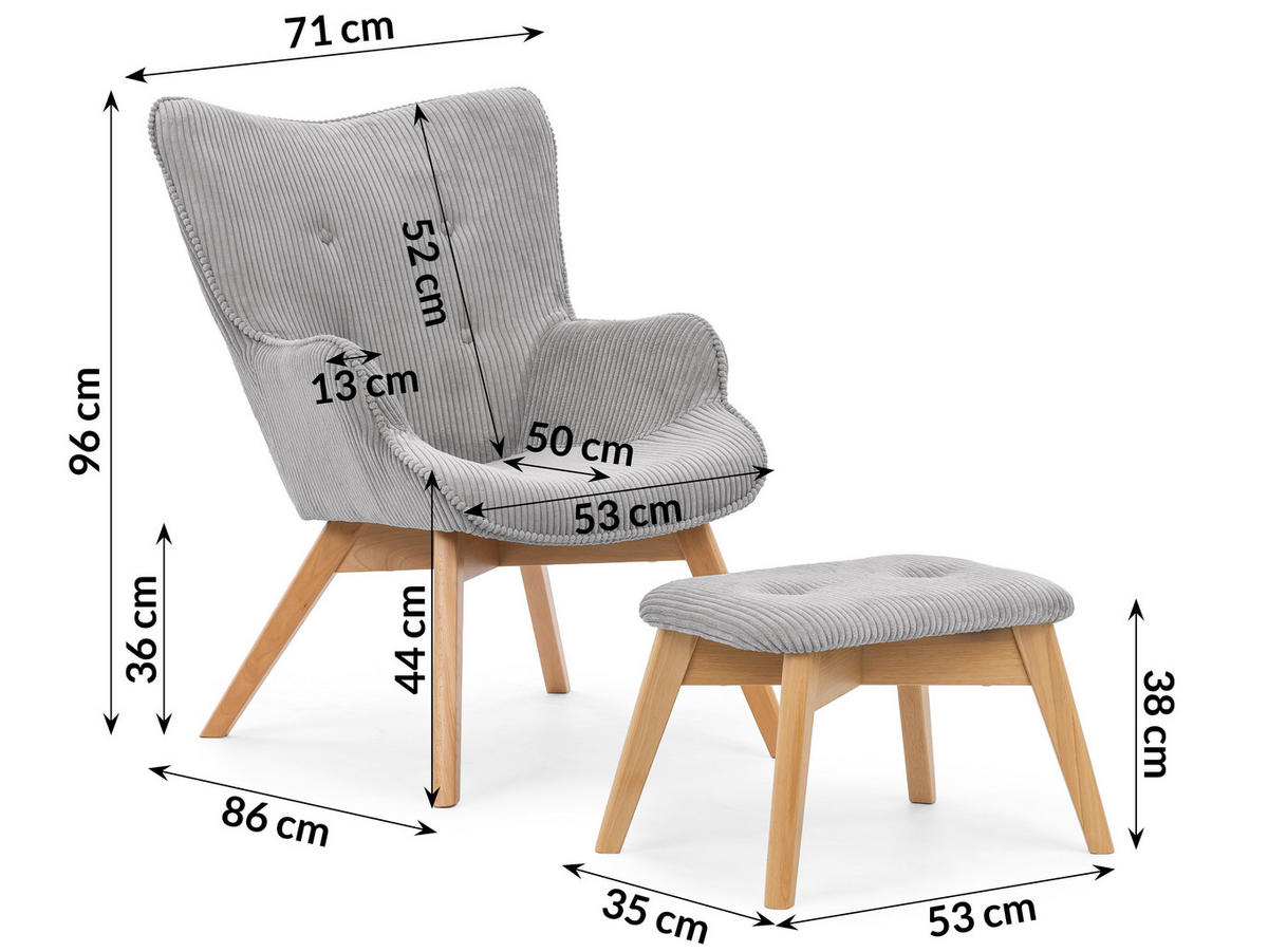 LOUNGESESSEL mit Fußhocker Lenari Hellgrau Cordstoff mit Füßen in Natur - Hellgrau/Naturfarben, Holz/Textil (71/96/86cm) - S-Style Möbel