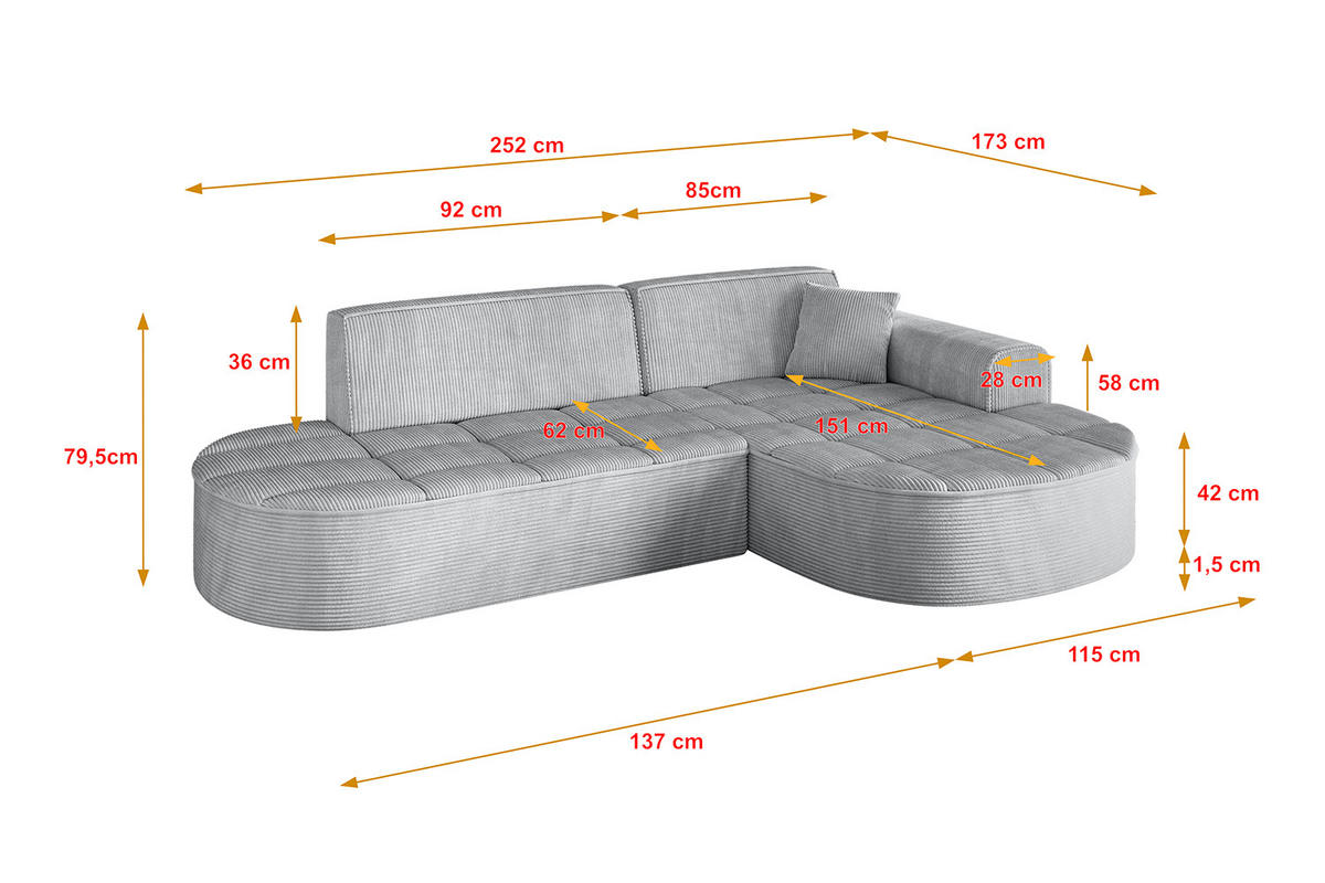 ECKSOFA Ottomane Rechts LIVO-L1 - 252x173x79,5 cm Grau - Grau, Holzwerkstoff/Textil (252/173cm) - ALTDECOR