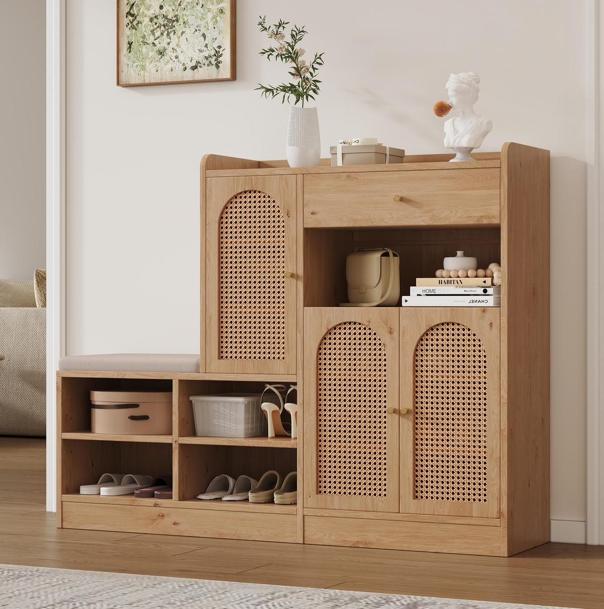 SCHUHSCHRANK 142/35/110 cm Natural aus Spanplatte mit Bank und Rattantüren - Naturfarben, Holzwerkstoff (142/110/35cm) - OKWISH